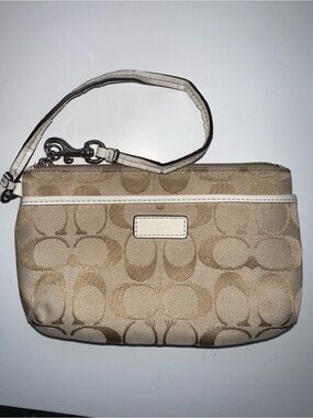 Coach Signature Khaki Canvas Wristlet Pouch White Trim